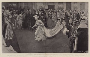 O baile de fantasias da duquesa de Devonshire, a procissão de convidados que se submetem ao Royal Group no salão White and Gold, em 1897 de William Hatherell