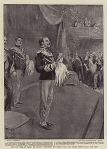 O novo rei da Itália, Sua Majestade, entregando seu discurso do trono depois de fazer o juramento de William Hatherell