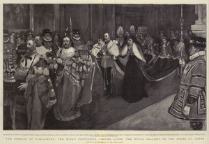 A abertura do Parlamento, procissão do rei passando ao longo da Galeria Real para a Câmara dos Lordes