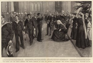 A rainha e os heróis do Benim, a companhia do navio de HMS St George em Osborne, Sua Majestade, questionando um marinheiro ferido