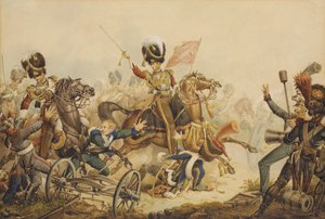 1ª Guardas da Vida atacando a Artilharia Francesa na Batalha de Waterloo em 1815, 1820 de William Heath