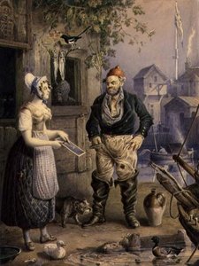 Um Pescador e uma Criada, c.1830 (aquarela sobre lápis de cor sobre papel com guache) de William Heath