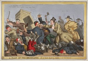 &39;Um tapa nos Charleys ou um cotovia de Tom e Jerry, vide New Poliece Bill&39;, 1829 (gravura à mão colorida) de William Heath