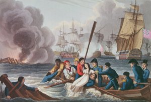 Anedota na batalha de Trafalgar, gravada por Matthew Dubourg (fl.1813-20) de "histórico, militar e anedota naval", pub. por Edward Orme (1774-c.1820) 1817 (aquatinta) de William Heath
