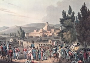 Batalha de Vittoria, 1813, Bringing in the Prisoners, gravada por I. Clarke, fotografada por M. DuBourg (aquatint) de William Heath