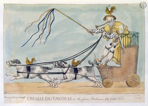 O Tandem de Grimaldi na Comédia Pantomima do Peixe Dourado, pub. 1812 de William Heath