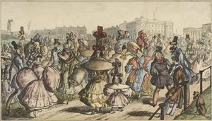 Homens e mulheres em trajes marcantes passear num parque de uma cidade
O Parque - 1830 (título sobre o objecto) de William Heath