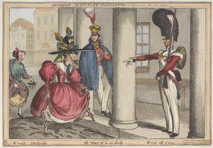 &39;Modern Gallantry Militar - Um esboço perto do novo palácio Mantenha fora - Oh querido é tão sujo&39;, c.1829 (gravura colorida) de William Heath