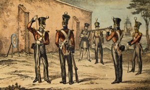 Traje atual dos fuzileiros navais na prática de tiro redondo, c.1835 (gravura à mão colorida) de William Heath