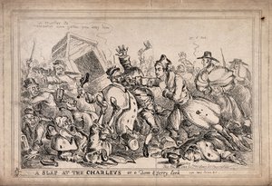 Robert Peel na pele de um pugilista a atacar guardas noturnos com a intenção de os substituir pela força policial. Gravura de Paul Pry (W. Heath).