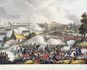 O centro do exército britânico em ação na batalha de Waterloo, 18 de junho de 1815, gravado por Sutherland