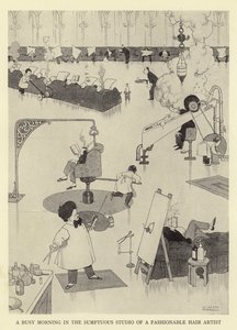 Uma manhã movimentada no sumptuoso estúdio de um cabeleireiro da moda de William Heath Robinson