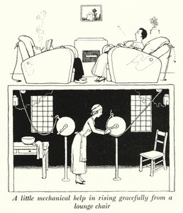 Uma pequena ajuda mecânica para se levantar graciosamente de uma cadeira de descanso (litho) de William Heath Robinson