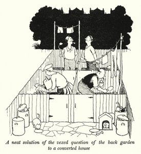Uma solução limpa da questão controversa do jardim dos fundos para uma casa convertida (litho) de William Heath Robinson