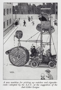 Uma nova máquina de recolha de jogos e pontas de cigarro adoptada pela LCC por sugestão da Liga Anti-Litter (litho) de William Heath Robinson