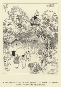Uma notória gangue de ladrões de chapéu trabalhando em Epping Forest nas tardes de domingo de William Heath Robinson