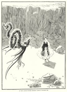 Uma serpente alada muito grande a vir na minha direcção (gravura) de William Heath Robinson