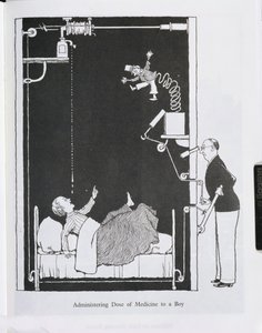 Administrando Dose de Medicina a um Menino, ilustração de &39;Invenções&39; de William Heath Robinson