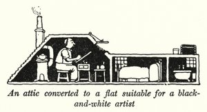 Um sótão convertido num apartamento adequado para um artista a preto e branco (litho) de William Heath Robinson