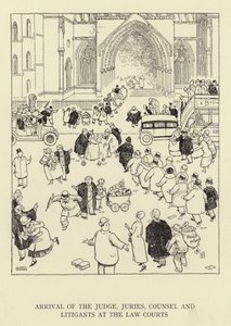 Chegada do juiz, júris, advogado e litigantes nos tribunais de justiça de William Heath Robinson