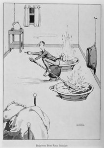 Prática da corrida de barco do quarto, ilustração de "invenções" de William Heath Robinson