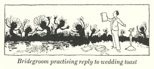 Noivo praticando resposta ao brinde de casamento (litho) de William Heath Robinson