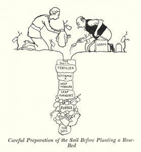 Preparação cuidadosa do solo antes de plantar um leito de rosas (litho) de William Heath Robinson