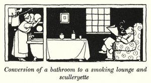 Conversão de uma casa de banho para uma sala de fumadores e uma escadaria (litho) de William Heath Robinson