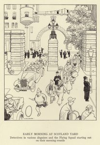 De madrugada na Scotland Yard, detectives em vários disfarces e o Flying Squad começando suas rondas matinais de William Heath Robinson