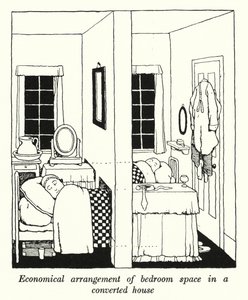 Arranjo económico do espaço do quarto numa casa convertida (litho) de William Heath Robinson