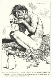 Pois, uma widenostrils, um gigante enorme tinha engolido cada frigideira, frigideira, chaleira, frigideira e goteira na terra, por falta de moinhos de vento, a sua comida diária (litho) de William Heath Robinson