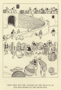 Como eles colocam os tartans nos kilts em um antigo kilt-works nas Highlands de William Heath Robinson