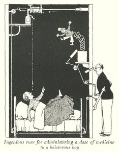 Engenhoso estratagema para administrar uma dose de medicamento a um rapaz turbulento (litho) de William Heath Robinson