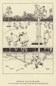 Auxílios magnéticos para patinadores, a serem instalados nos parques de Londres durante a temporada de patinação de William Heath Robinson
