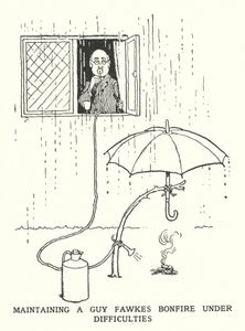 Mantendo um Guy Fawkes Bonfire Sob Dificuldades (litho) de William Heath Robinson
