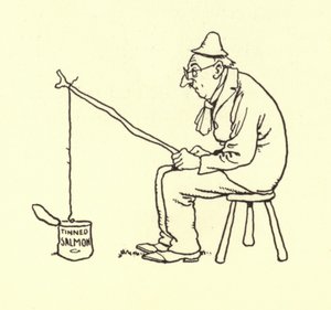 Homem, pesca, estanhado, salmão de William Heath Robinson
