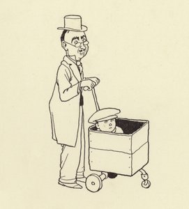 Homem, empurrar, menino, em, um, caixa de William Heath Robinson