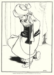 Mesrour apressou-se a reportar o resultado das suas investigações (gravura) de William Heath Robinson