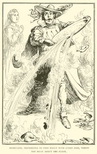 Petruchio, fingindo criticar todos os pratos, jogou a carne no chão. de William Heath Robinson