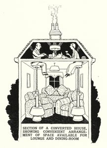 Secção de uma Casa Convertida, Mostrando Conveniente Arranjo de Espaço Disponível para Sala e Sala de Jantar (litho) de William Heath Robinson