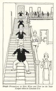 Precauções simples para poupar desgaste no tapete da escada quando em uso constante (litho) de William Heath Robinson