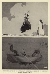 Resultado bem sucedido de precaução inteligente observado por velhinha no som de ponderar de William Heath Robinson