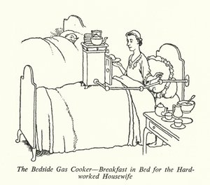 The Bedside Gas Cooker, Pequeno Almoço na Cama para a Dona de Casa Trabalhadora (litho) de William Heath Robinson