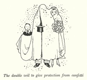 O véu duplo para dar proteção contra confettis (litho) de William Heath Robinson