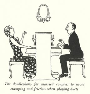 O doublepiano para casais casados, para evitar cãibras e atritos ao jogar em duetos (litho) de William Heath Robinson