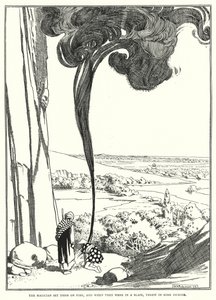 O mágico pegou-lhes fogo e, quando estavam em chamas, atirou-lhes incenso (gravura). de William Heath Robinson
