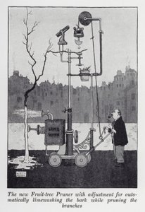 A nova podadora de árvores frutíferas com ajuste para a lavagem automática da casca da árvore durante a poda dos ramos (litho) de William Heath Robinson