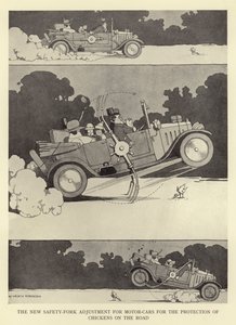 O novo ajuste do garfo de segurança para automóveis para a proteção de frangos na estrada de William Heath Robinson