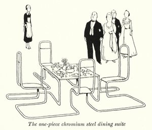 A suite de jantar de uma peça em aço cromado (litho) de William Heath Robinson