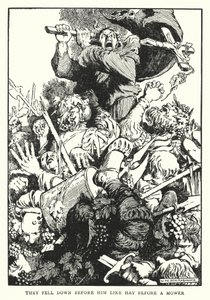 Caíram diante dele como feno diante de um cortador de relva (litho) de William Heath Robinson